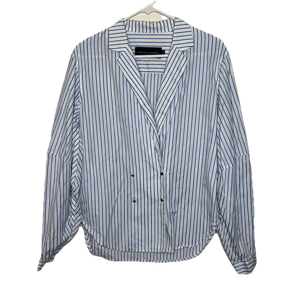 Revolve Michael Lo Sordo Blue White Stripe Collar Blouse V- Neck Size 10 Ad19